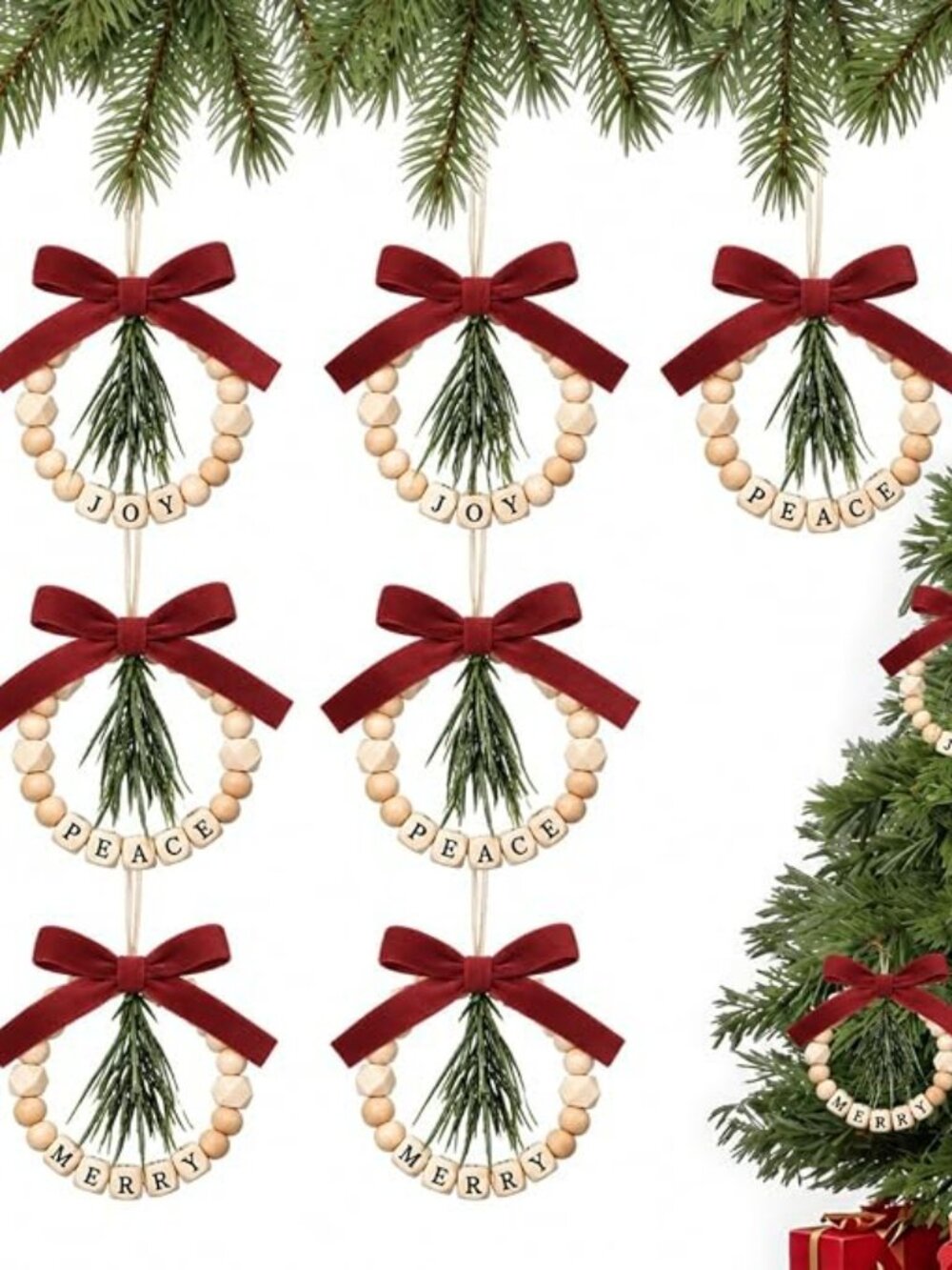 Vicenpal 6 Pcs Christmas Wooden Bead Ornament with Mini Wreath Velvet Bows